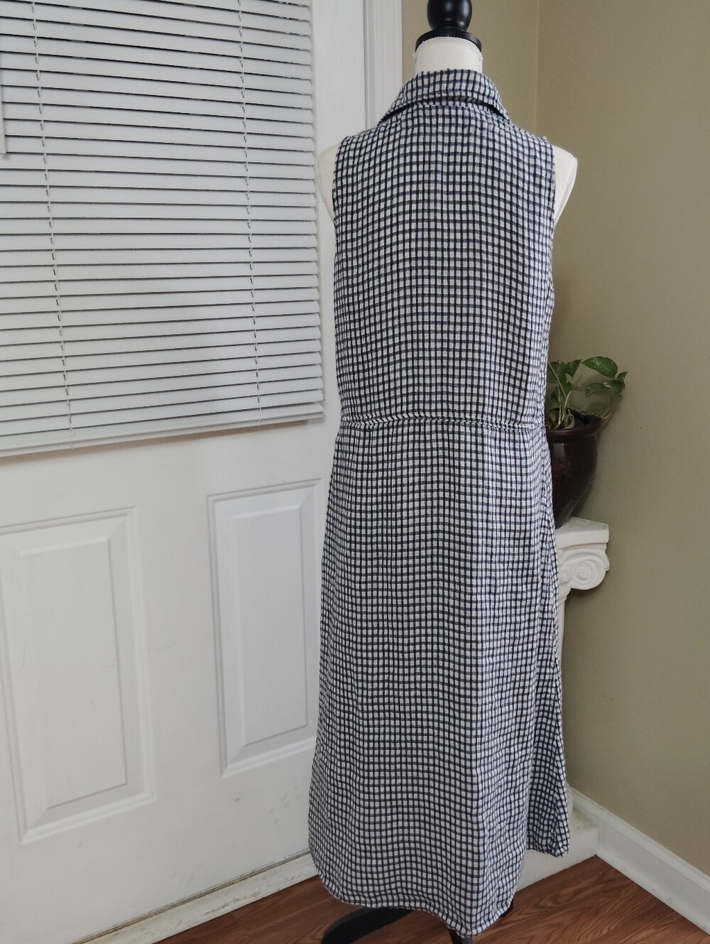 Flax Women's Dress Gingham Midi Sleeveless Collared 100% Linen Button Front Sz S - Picture 5 of 10